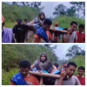 Miris! Pasien Terpaksa Ditandu Karena Jalan Rusak Parah di Desa Sagara Cibalong Garut