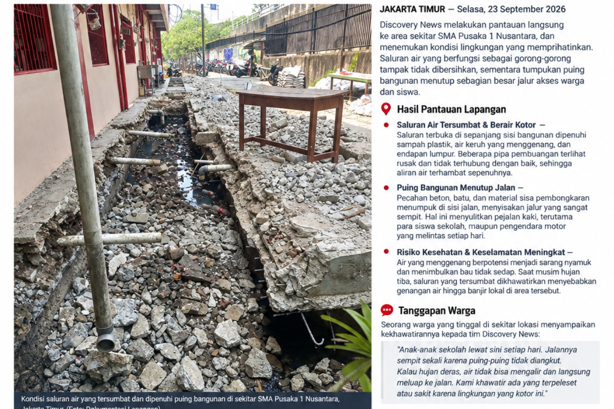 🔴 KONDISI MEMPRIHATINKAN: Saluran Air di Sekitar SMA Pusaka 1 Nusantara Dipenuhi Puing dan Sampah, Akses Jalan Menyempit