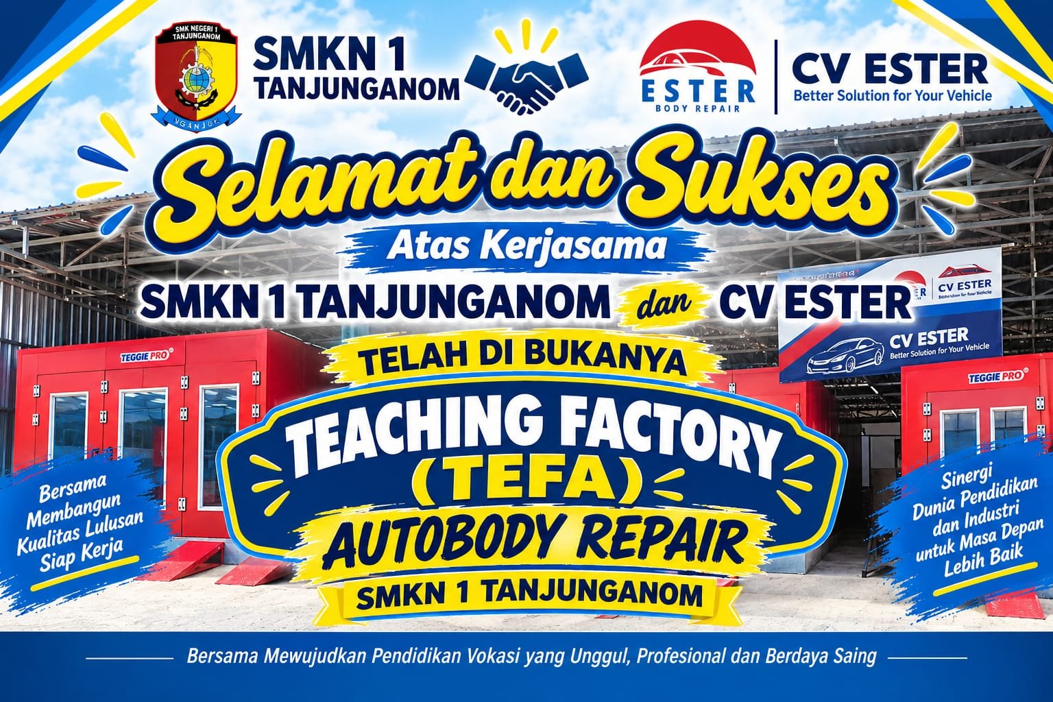 Jakarta, Nganjuk, Discoverynews.id Komitmen mencetak lulusan vokasi yang unggul dan siap kerja kembali ditunjukkan SMK Negeri 1 Tanjunganom, Kabupaten Nganjuk. Sekolah tersebut resmi membuka layanan Teaching Factory (TeFa) Auto Body Repair melalui acara tasyakuran soft opening yang digelar pada Rabu, 14 Oktober 2026. Kegiatan ini menjadi bukti nyata sinergi antara dunia pendidikan vokasi dengan Dunia Usaha dan Dunia Industri (DUDI). Acara berlangsung khidmat dan penuh kebersamaan. Turut hadir Kepala Cabang Dinas Pendidikan Provinsi Jawa Timur Wilayah Nganjuk M. Ardiyanto, S.Pd., M.M., Kepala SMKN 1 Tanjunganom Atik Qura'atul Aini, S.Pd., Humas sekolah Syaiful Anam, S.Pd., M.M., perwakilan Komite Sekolah, dewan guru, serta mitra industri CV Ester - Better Solution for Your Vehicle. Rangkaian tasyakuran diawali dengan doa bersama untuk kelancaran dan keberkahan, dilanjutkan dengan prosesi potong tumpeng oleh Kacabdin M. Ardiyanto sebagai simbol resmi dibukanya TeFa Auto Body Repair. Dalam sambutannya, Kepala SMKN 1 Tanjunganom Atik Qura'atul Aini, S.Pd. menyampaikan rasa syukur dan bangga atas capaian ini. Ia menegaskan bahwa TeFa ini bukan sekadar bengkel praktik, melainkan wadah pembelajaran berbasis produksi. Alhamdulillah, ini langkah besar bagi kami. Melalui Teaching Factory Auto Body Repair yang bermitra dengan CV Ester ini, kami ingin membangun kualitas lulusan yang tidak hanya kompeten secara teori, tetapi juga unggul, profesional, dan berdaya saing tinggi di dunia kerja," ungkapnya. Apresiasi tinggi datang dari Kepala Cabang Dinas Pendidikan Wilayah Nganjuk, M. Ardiyanto, S.Pd., M.M. Menurutnya, apa yang dilakukan SMKN 1 Tanjunganom adalah implementasi ideal dari program SMK Pusat Keunggulan. Saya sangat mengapresiasi. Ini adalah gebrakan yang luar biasa. Saya berharap inovasi seperti ini bisa ditiru oleh SMK lain di Nganjuk, sehingga konsep link and match dengan industri benar-benar terwujud secara nyata, bukan hanya di atas kertas," tegas Ardiyanto. Dengan diresmikannya unit ini, SMKN 1 Tanjunganom kini resmi membuka layanan umum perbaikan bodi kendaraan. Pengerjaan dilakukan langsung oleh siswa kompetensi keahlian Teknik Bodi Otomotif dengan pendampingan guru produktif dan pengawasan standar industri dari CV Ester. Langkah ini menjadi komitmen kuat SMKN 1 Tanjunganom dalam mewujudkan pendidikan vokasi yang unggul, profesional, dan berdaya saing. Gun / Redaksi Jatim Discoverynews.id